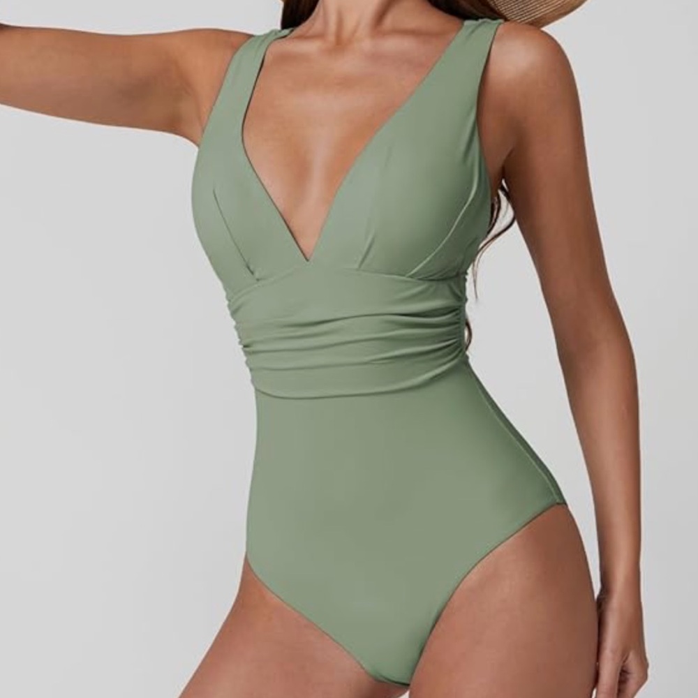 QINSEN Womens Sexy V Neck One Piece Bathing Suit in Army Green -see actual photo